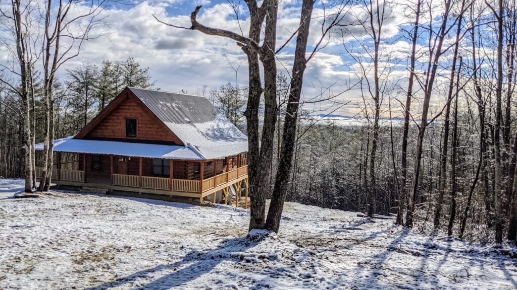Snowy cabin sunrise